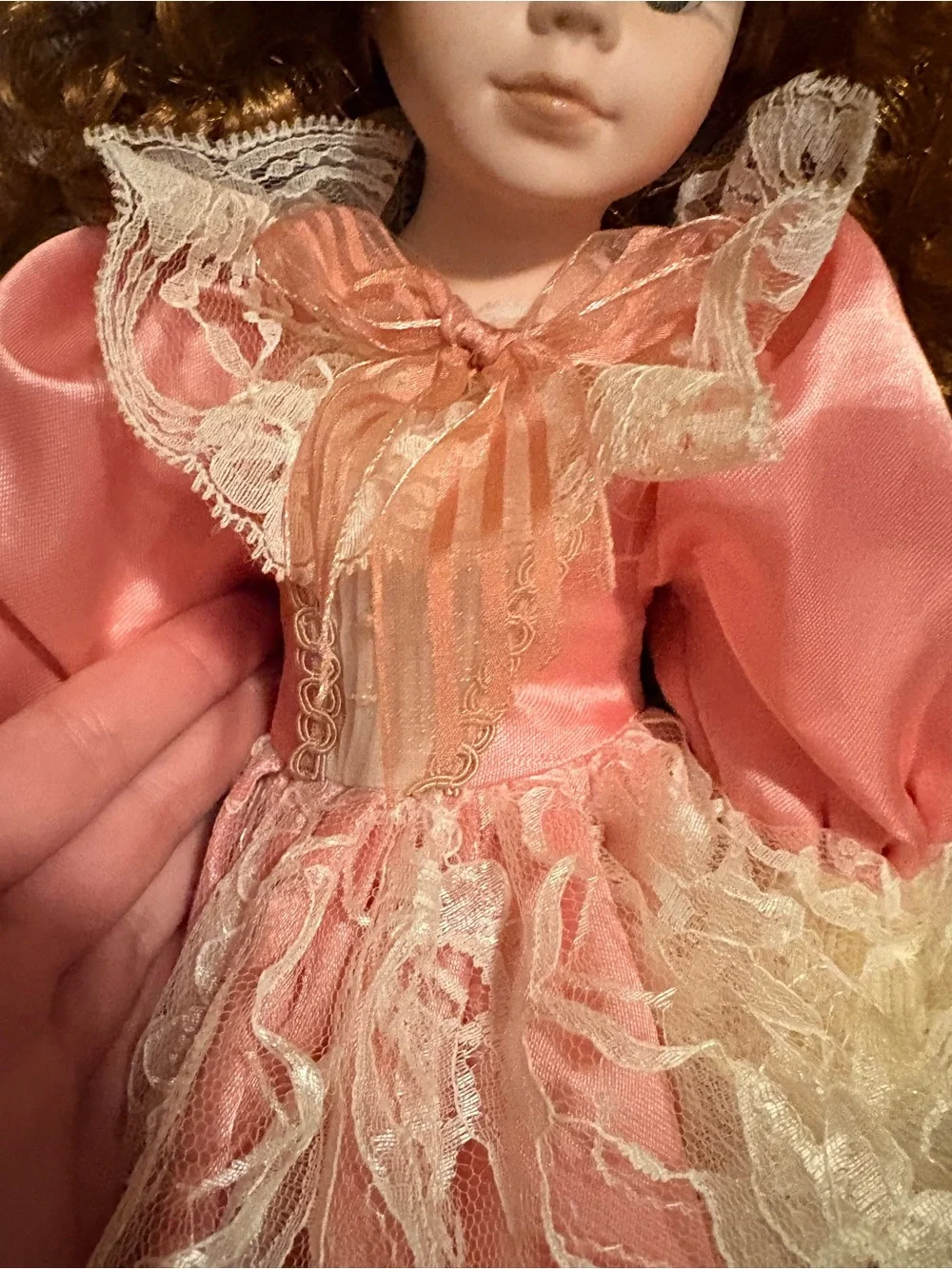 Victorian-Style Porcelain Doll in Pink Lace Dress
